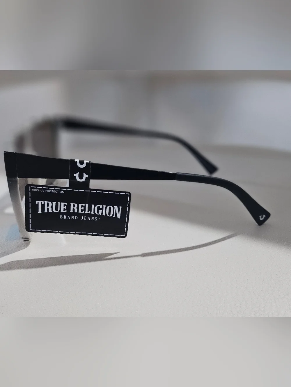 True Religion Shield Sunglasses Blue Mirrored Lens Black White Speckle UV400
